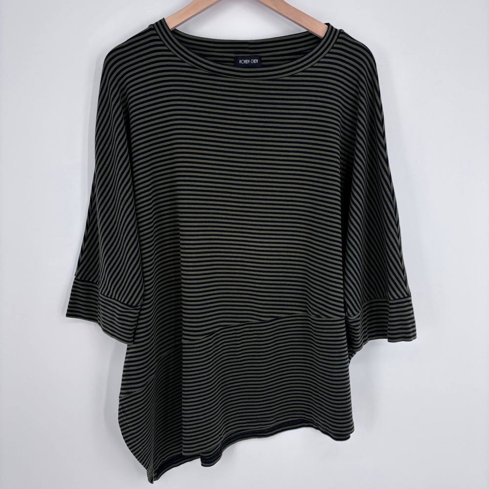 Ronen Chen Tunic Top Women 14 Green Black Striped Asymmetric Lagenlook Oversized
